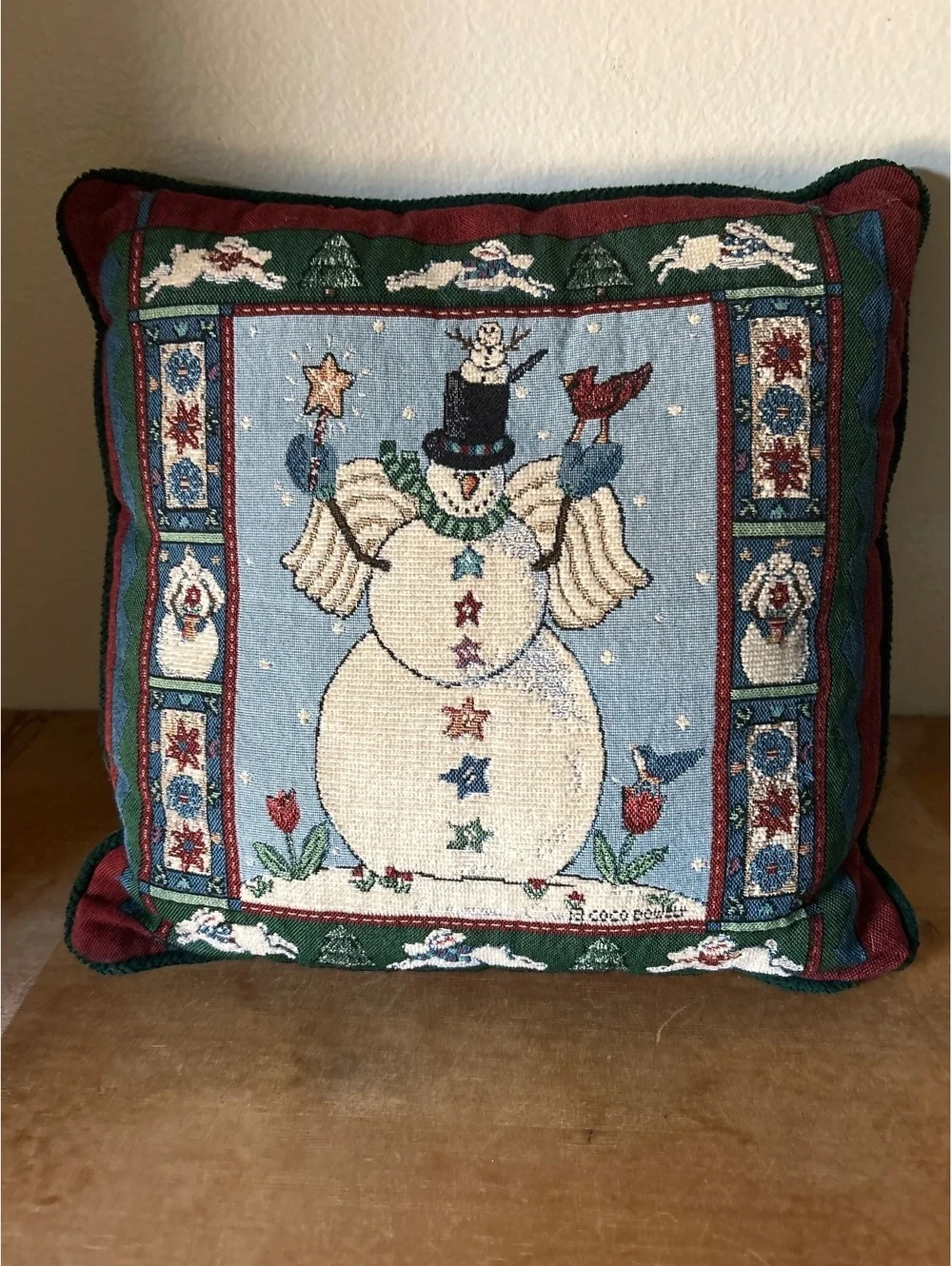 Decorative Christmas Snowman Throw Pillow with Green Backing